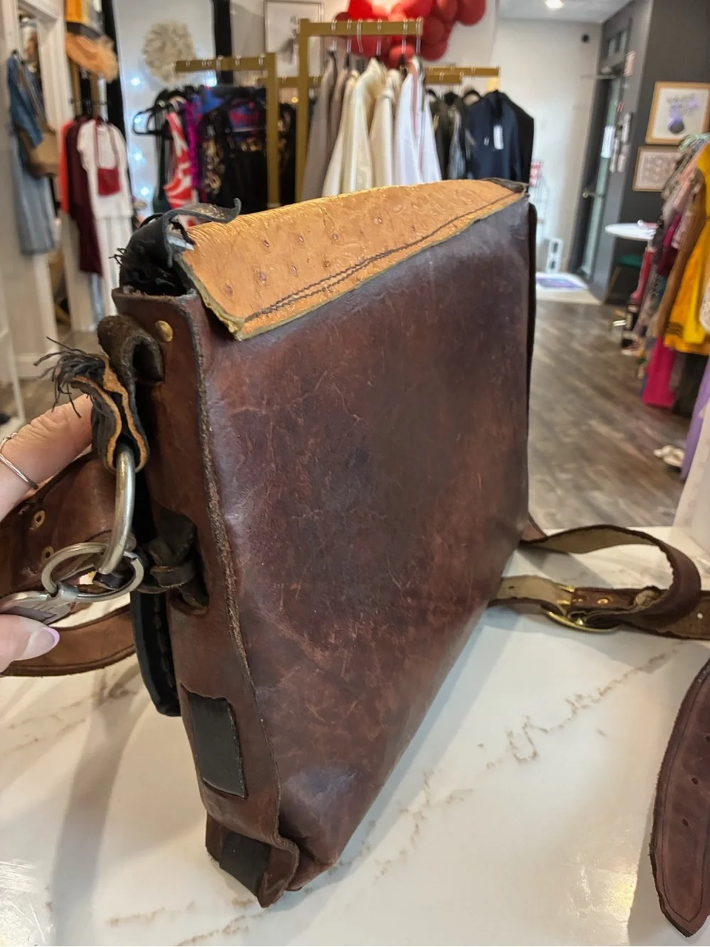 Handcrafted Brown & Tan Leather Messenger Bag with Antler Accent